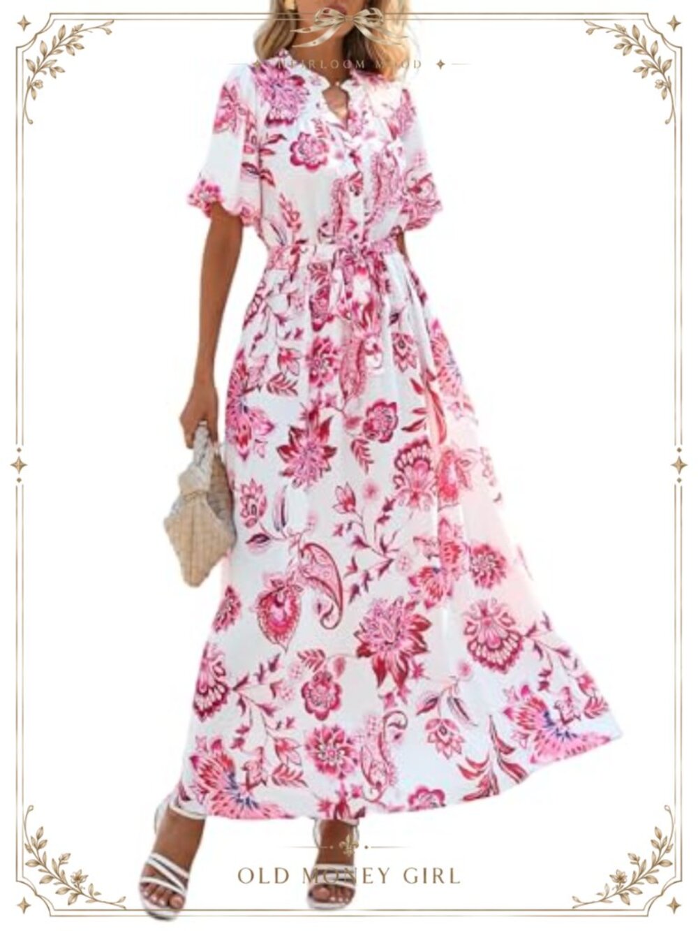 Puff Sleeve Floral Maxi Dress Button V Neck Flowy Belted Beach Vacation
